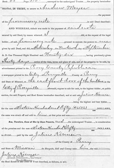 Deed of property to Julius Kirmse for $1,650 on 19 September 1896 page 1
