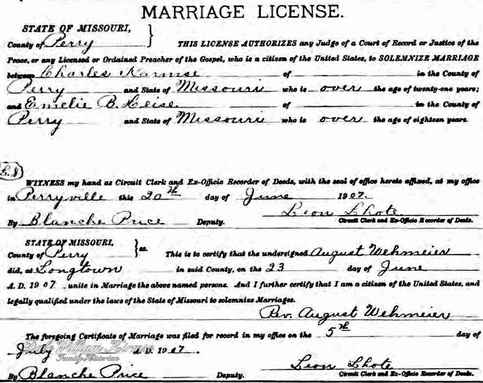 August Karl "Charles" and Amelia B. (Hacker) Kirmse Marriage License