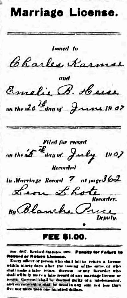 August Karl "Charles" and Amelia B. (Hacker) Kirmse Marriage License[2]