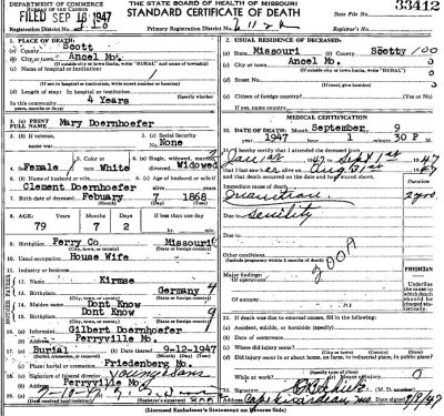 Mrs. Mary Doernhoefer - Death Certificate