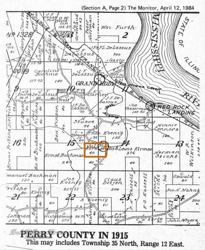 Perry County Landowners 1915 Map - Julius Kirmse Property Outlined in Orange