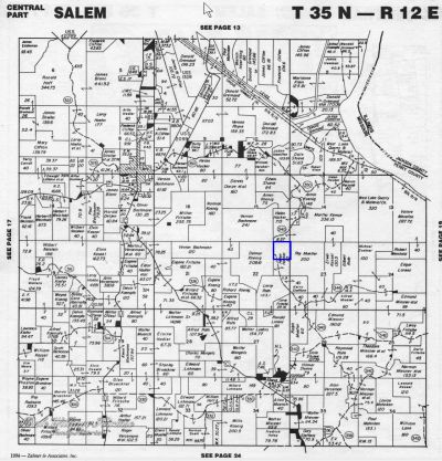 Salem Township 1993-1994 landowners map showing the Julius Kirmse 40 acres outlined in blue