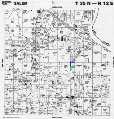 Salem Township 1993-1994 landowners map showing the original 40 acres outlined in blue and the adjoining 40 acres outlined in green