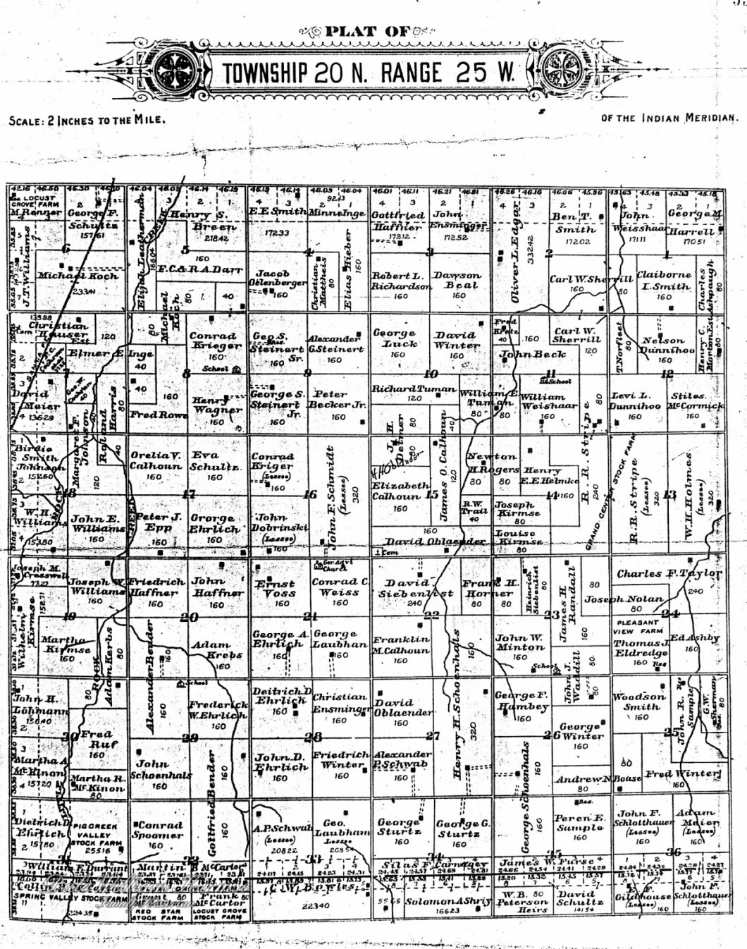 Ownership map of  Ohio Township (Township 20 North Range 25 West of the Indian Meridian, Oklahoma).  The Wilhelm Kirmse and Martha Kirmse[2] properties are noted in section 19[4].