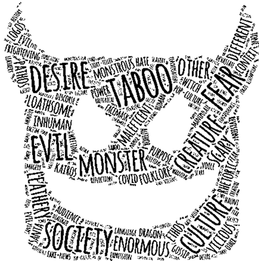 word art showing a monster's grinning face with horns etc all made of words like desire, taboo, evil, fear, society, enormous, culture, monster, etc