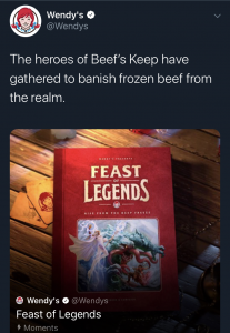 Screenshot of Wendy's Twitter post describing their "Feast of Legends" campaign stating their food is never frozen