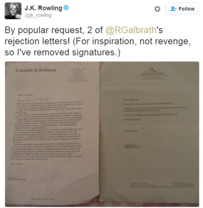 tweet from J.K. Rowling showing two rejection letters she received under her pseudonym Robert Galbraith