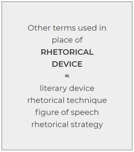 other terms used in place of rhetorical device: literary device, rhetorical technique, figure of speech, rhetorical strategy