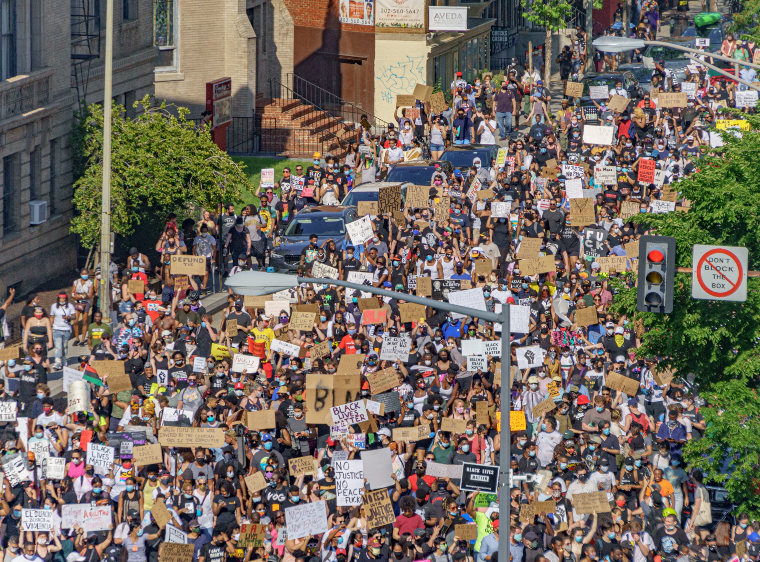 street filled with protesters carrying signs