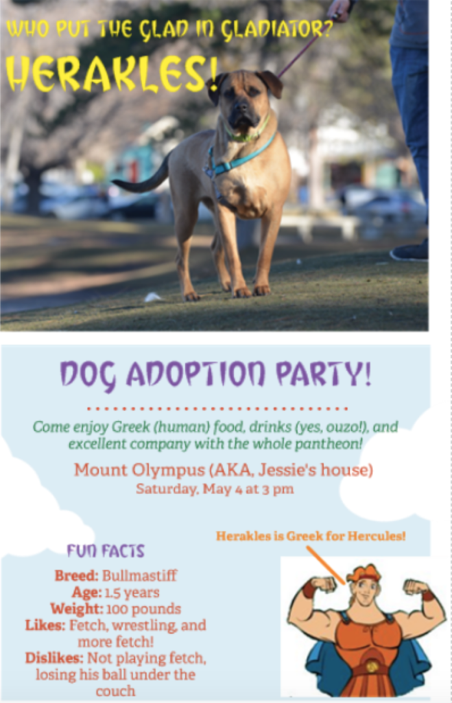 An invite for a dog adoption part. The image is a bull mastiff, he's standing large at attention, staring at the viewer, and looks strong. Under fun facts about the dog it reads: "100 pounds. Likes wrestling and playing fetch."