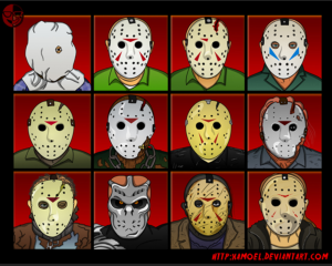 image of 12 different Jason masks from the Friday the 13th series