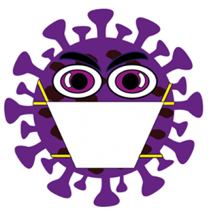 purple cartoon image of the coronavirus wearing a face mask