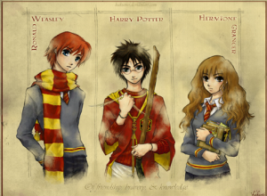 colored sketch of Ron Weasley, Harry Potter, and Hermione Granger from the Harry Potter series