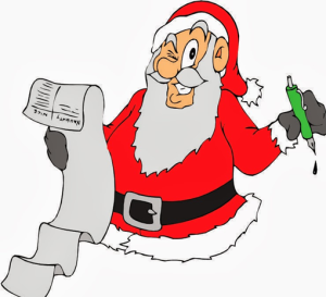 cartoon image of Santa winking at the viewer as he checks off his naughty-vs-nice list