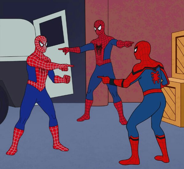 comic showing three Spidermans pointing at each other