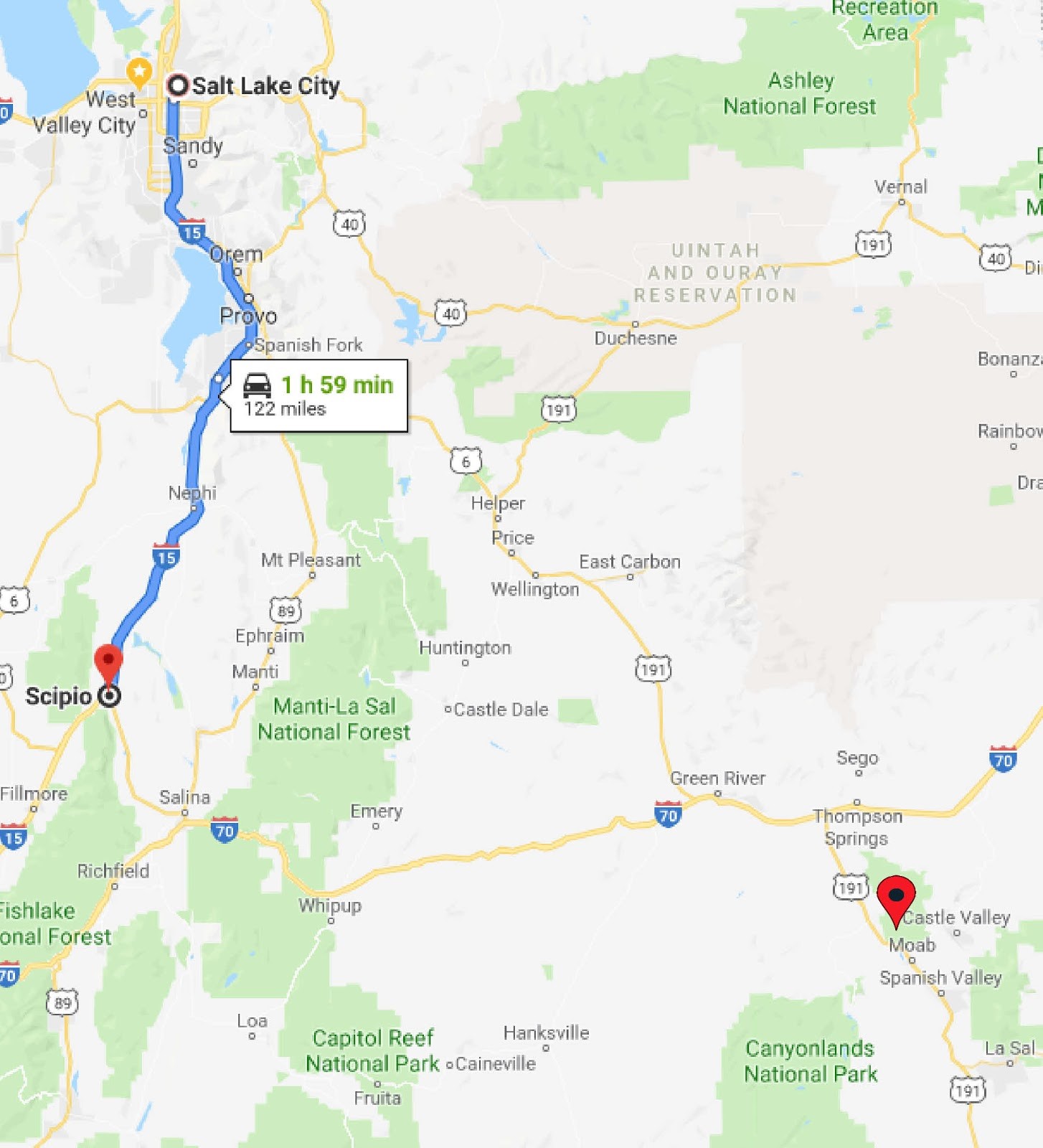 A map of northern Utah shows a highlighted route from Salt Lake City to Scipio with a note that the route is 122 miles long