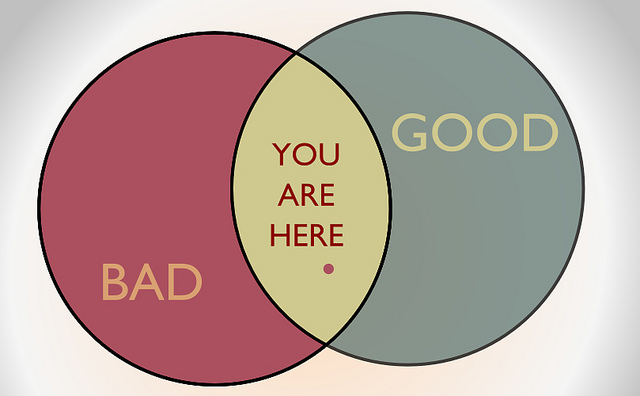 Two intersecting circles - one red with the word "bad" written on it and the other a grey green with the word "good" on it. The point at which they overlap is yellow and has a red dot with the words "You are here" on it.
