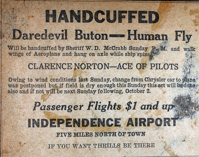 Old newspaper ad advertising an air show by Daredevil Buton, Human Fly, at the Independence Airport with Passenger Flights for $1