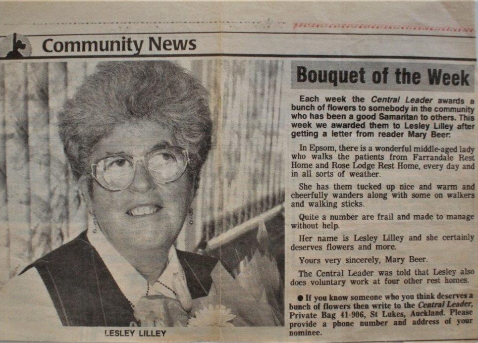 In the Community news section of a local newspaper, Lesley has been presented with a bunch of flowers for being a good samaritan. The accompanying text describes and acknowledges her work taking elderly rest home esidents for daily walks