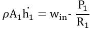 rho times A one times h one dot equals w in minus P one over R one