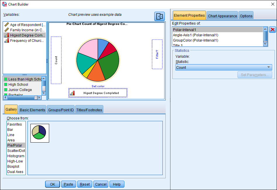 Screen shot of the Chart Builder dialog box in SPSS showing a pie chart preview