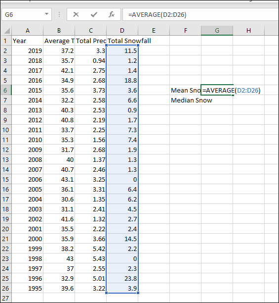 Screen shot of formula for mean in Excel