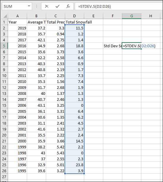 Screenshot of how to write Standard Deviation formula into Excel