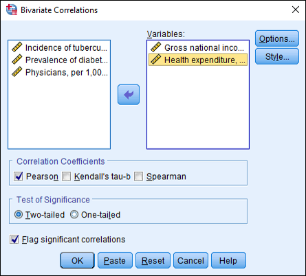 Screenshot of bivariate correlations dialog box in SPSS