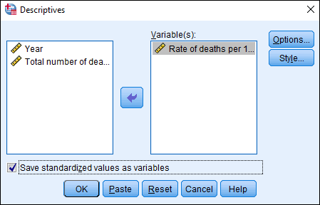 Screenshot of Descriptives dialog box in SPSS