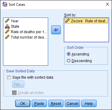 Screenshot of Sort Cases dialog box in SPSS