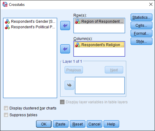Screenshot of Crosstabs dialog box in SPSS