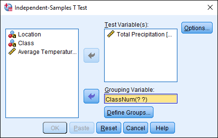Screenshot of independent samples T test in SPSS