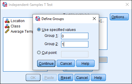 Screenshot of Define Groups dialog box in SPSS