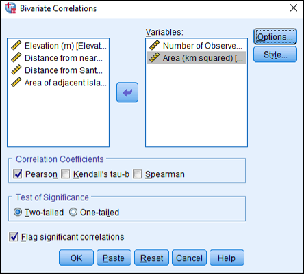 Bivariate Correlations dialog box screenshot from SPSS
