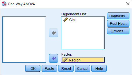 Screenshot of One-Way ANOVA Dialog Box in SPSS