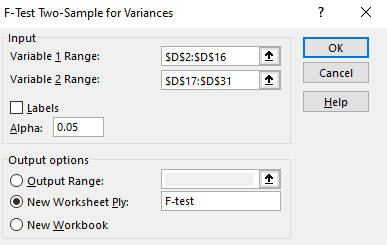 F-test dialog box screenshot in Excel