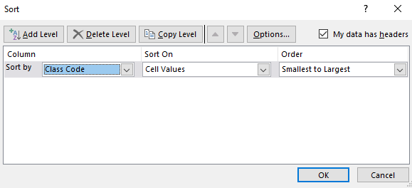 Dialog box for sorting data in Excel