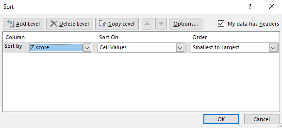 Screenshot of sort dialog box in Excel