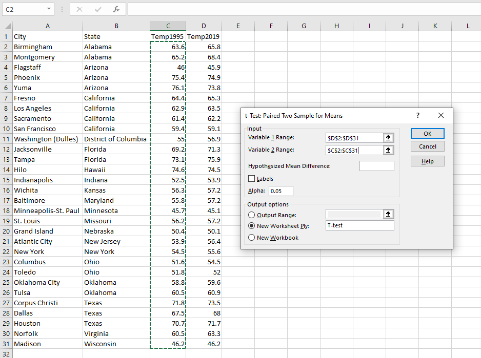 Screenshot of dependent samples t test dialog box in Excel