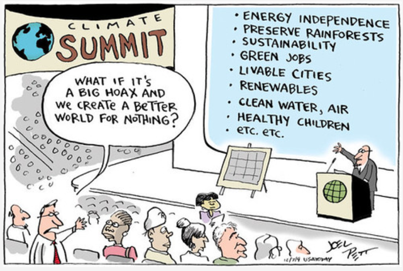 Comic showing a climate summit meeting. Speech bubble text: "What is it's a big hoax and we create a better world for nothing?"