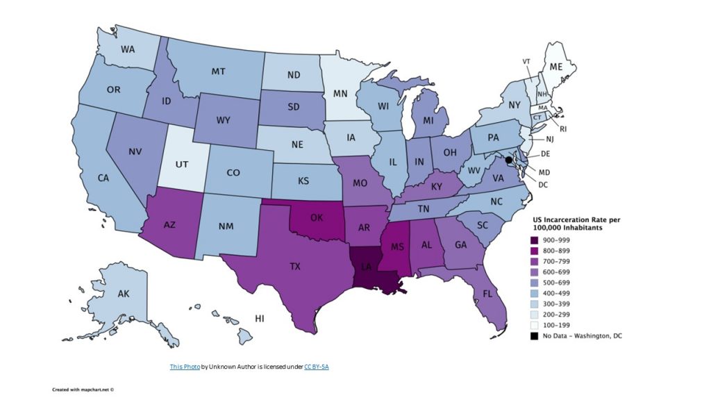 Map showing incarceration rates by state Imprisonment rate of sentenced prisoners under jurisdiction of state correctional authorities per 100,000 U.S. residents, age 18 or older.