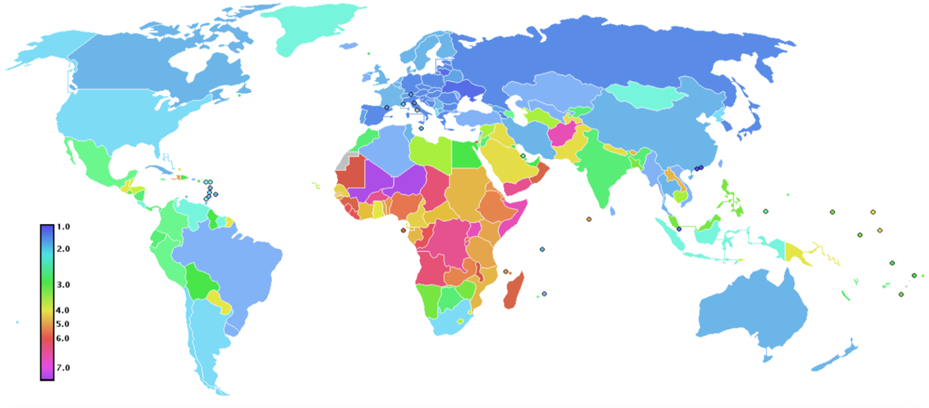 world map showing fertility rates