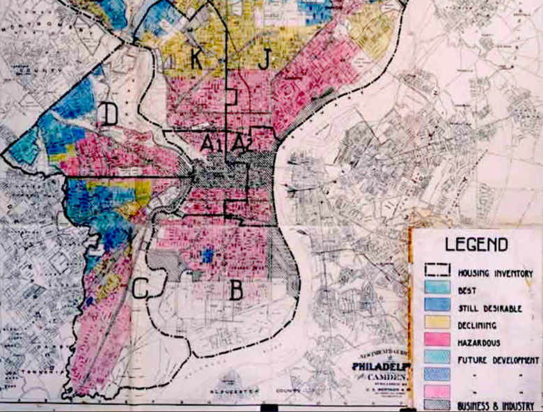 This map from the Home Owners Loan Corporation of Philadelphia is an example of a redlining map, where areas colored red were considered “hazardous” and where home loan applications would be denied.