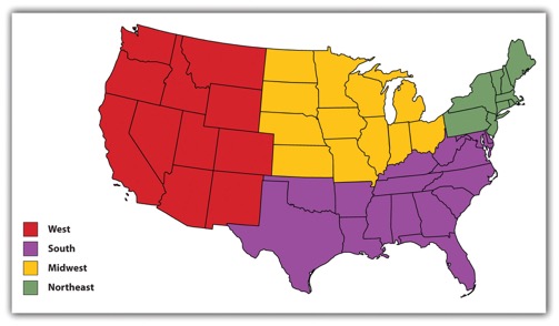 Map of the U.S. highlighting different regions by color, including the west, south, midwest and northeast