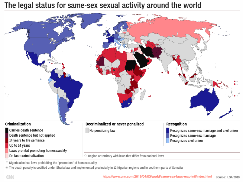 Map showing the legal status for same-sex sexual activity around the world