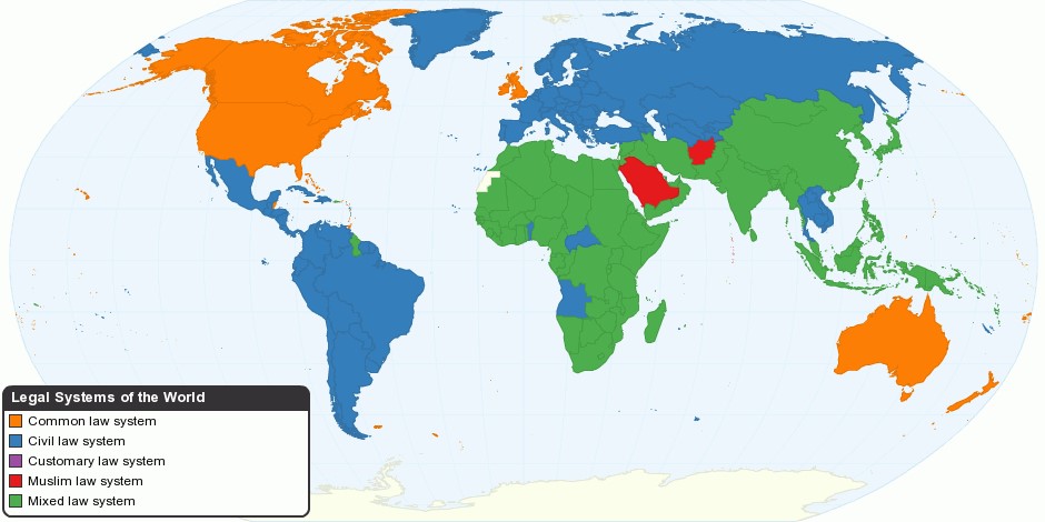 world map showing common law, civil law, customary law, Muslim law, and hybrid legal systems