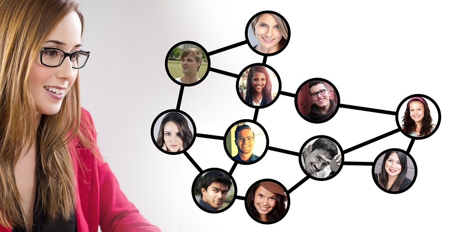 a person pictured next to a network of associates and their interrelationships noted through lines connecting the photos