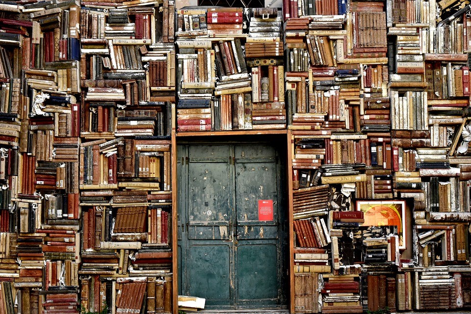 a small metal door surrounded by bookcases stuffed with books