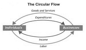 The circular flow model which shows the connection between households and firms.