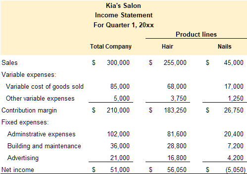 segemented income statement for Kia's Salon
